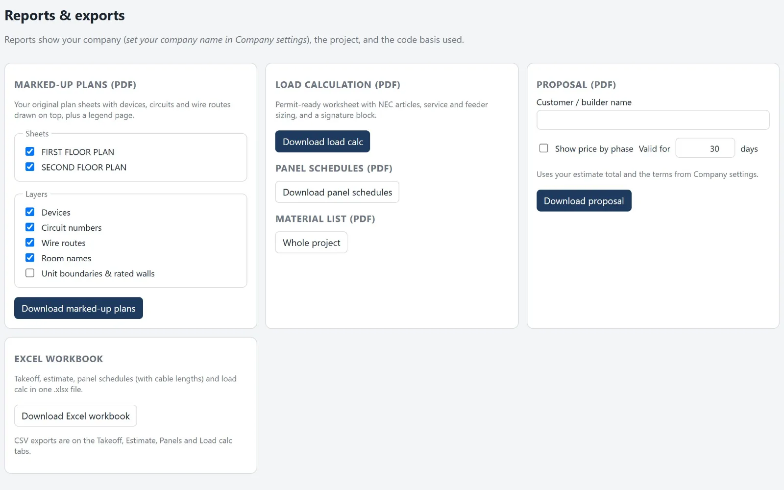Reports screen with downloads for marked-up plans with layer choices, the load calculation, panel schedules, the material list, a proposal and an Excel workbook