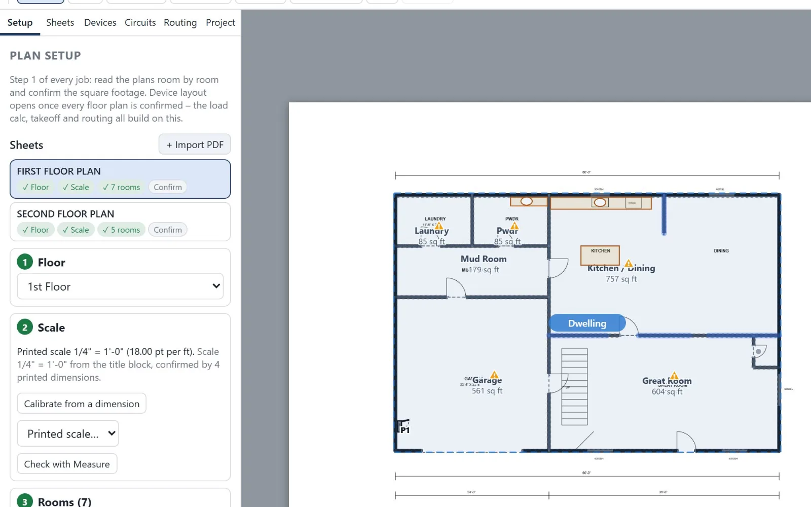 Plan setup: two floor plans imported from a PDF with scale read from the title block and seven rooms mapped with square footage